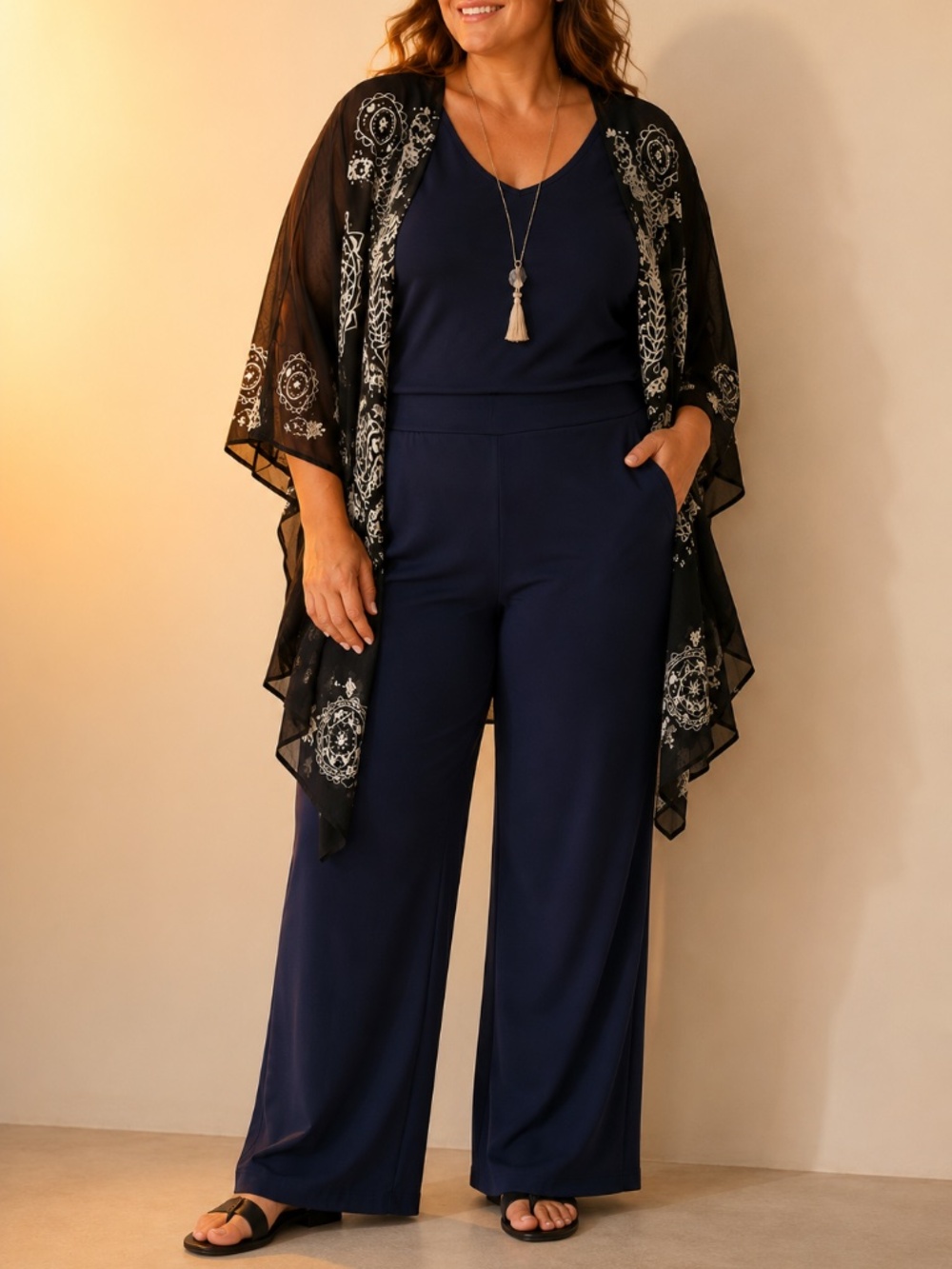 Black White Sheer Medallion Kimono Cardigan Duster Cover Up Plus Size 2XL Boho